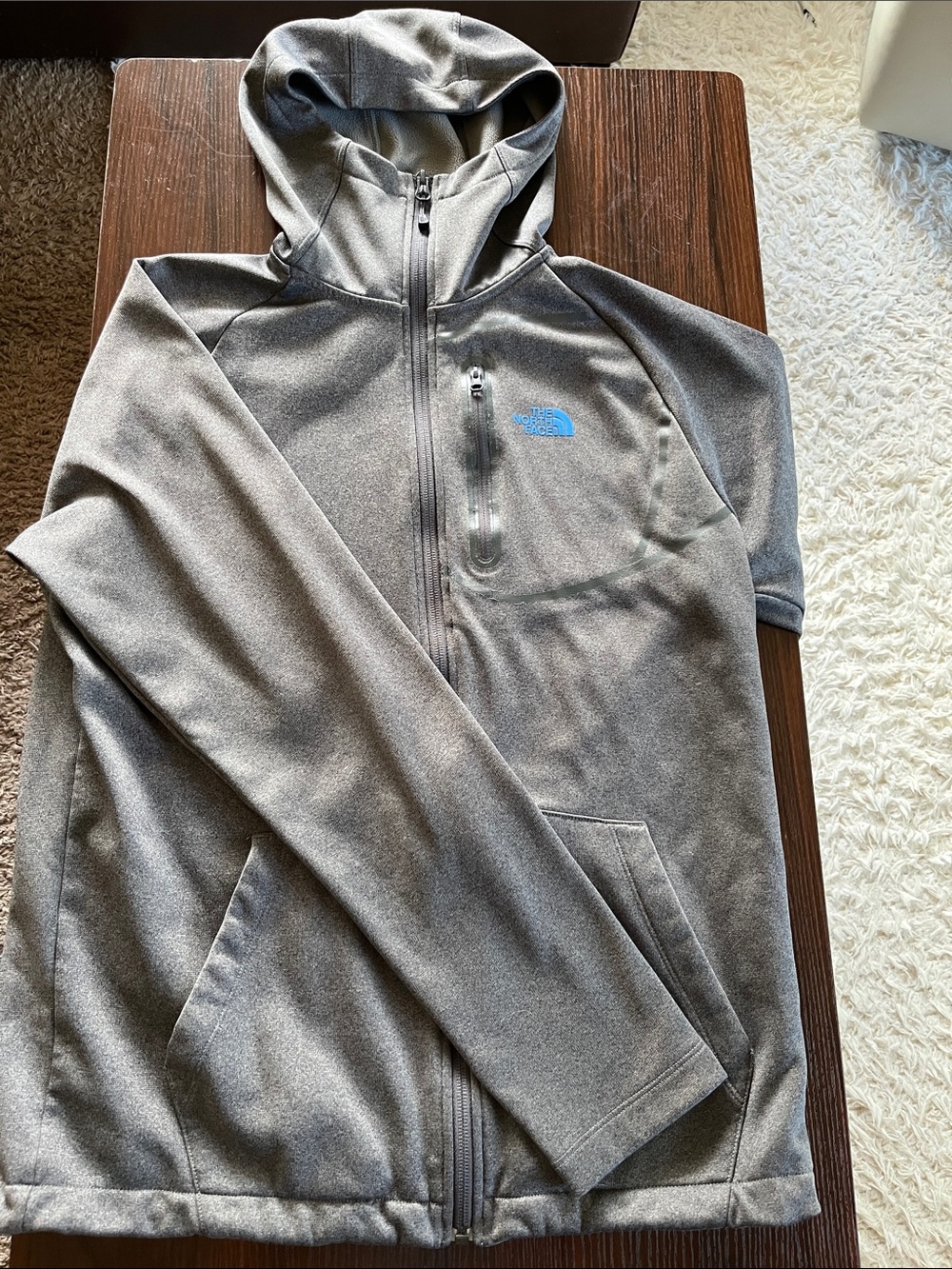 The North Face Men's Gray Full-Zip Hooded Jacket with Blue Logo